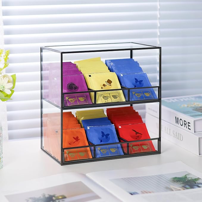 REDHUGO Glass Tea Bag Organizer, 2-Tier Tea Bag Holder for Counter, Black | Glass teabag organizer with 2-tier design and black frame, keeps tea bags tidy for counters, cabinets and tea stations - Image 2