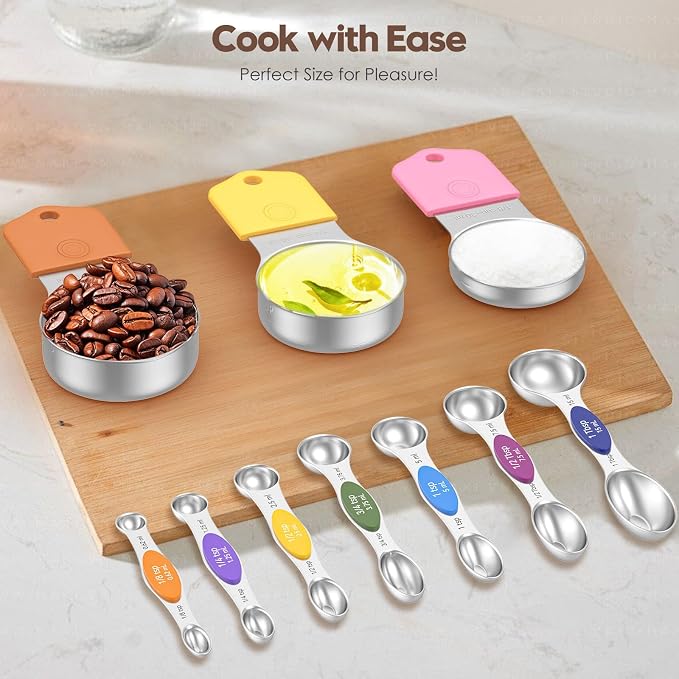 Magnetic Measuring Cups and Spoons Set – 304 Stainless Steel | Dual-Sided Markings | Space-Saving Kitchen Organizer | N52 Magnetic Nesting | 15-Piece with Leveler | Baking & Gift(Colorful) - Image 7