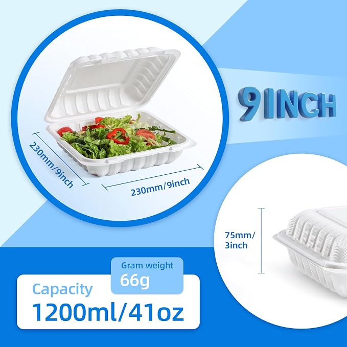 YANGRUI Food Containers 9 Inch 41 oz 100 Pack - Shrink Wrapped No Pre-Wash | Mineral Filled BPA Free PP Plastic | Reusable Heavy Duty Freezer & Microwave Safe | Stackable Design Takeout Container - Image 3