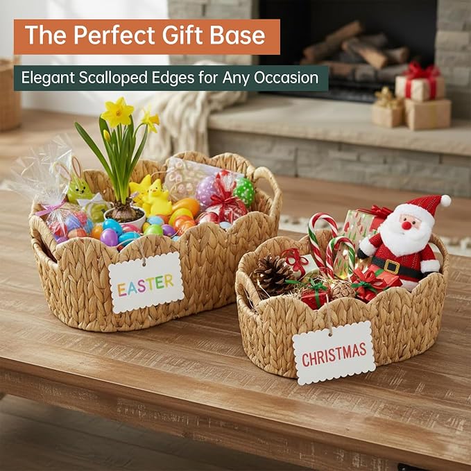 Coeusy Scalloped Basket Set of 2,Water Hyacinth Basket for Organizing and Decor,Hand-Woven Wicker Storage Baskets with Built-In Handles for Nursery,Gift - Image 2