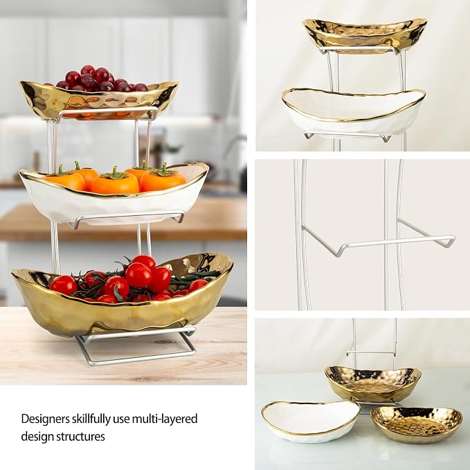 3 Tier Ceramic Fruit Basket for Kitchen Counter with Metal Stand, Fruit Bowls with Rack, Porcelain Bowls for Vegetable Bread Candy Snack Nuts Dessert Cake Tray (Gold Triple Layer) - Image 4