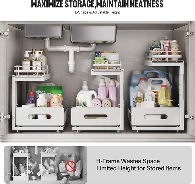 Under Sink Organizer Upgrade To Professional Rails,2-Tier Dual Pull Out Cabinet Storage,Height Adjustable Slide Out Drawers For Bathroom Kitchen,2 Pack-14.5" Dx12.8-16.9" H,White - Image 6