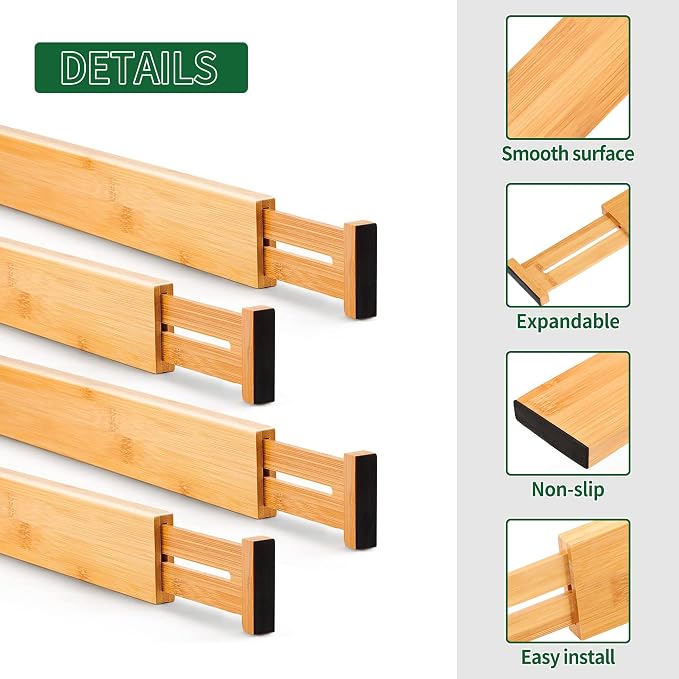 Utoplike 4 Pcs Bamboo Kitchen Drawer Dividers, Large Drawers Organizers | Adjustable Spring Loaded Expandable Organization, Works in Dresser, Bathroom, Bedroom, Office, Fit 17.8"-20.6" Drawer, 2.4"H - Image 8
