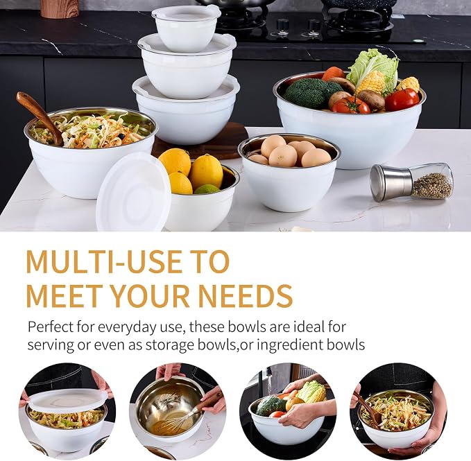 White Mixing Bowls With Airtight Lids,Stainless Steel Bowl,Salad Bowls 7 Piece Colorful Nesting Bowl White Kitchen Accessories,Size 7,3.6,2.7,2.1,1.5,1.1,0.8QT Stackable Design - Image 4