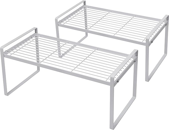 Shantton Cabinet Shelf Organizer, Pantry Shelf Rack, White 16x8.3x7.3 | 2-Pack Stackable Metal Riser Holds 40LBS with Non-Slip Feet for Kitchen Pantry Bathroom Countertop Freezer Cupboard by Shantton