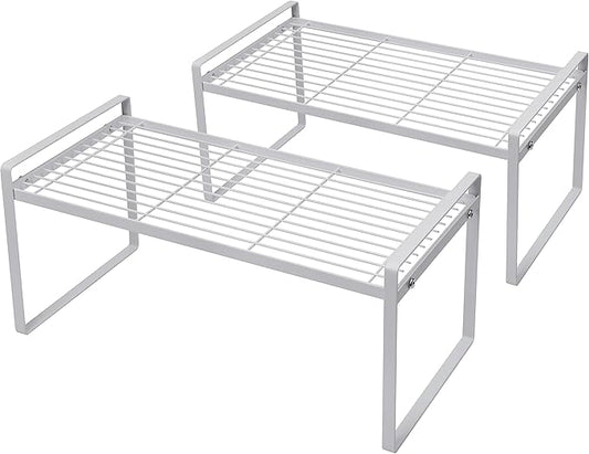 Shantton Cabinet Shelf Organizer, Pantry Shelf Rack, White 16x8.3x7.3 | 2-Pack Stackable Metal Riser Holds 40LBS with Non-Slip Feet for Kitchen Pantry Bathroom Countertop Freezer Cupboard by Shantton