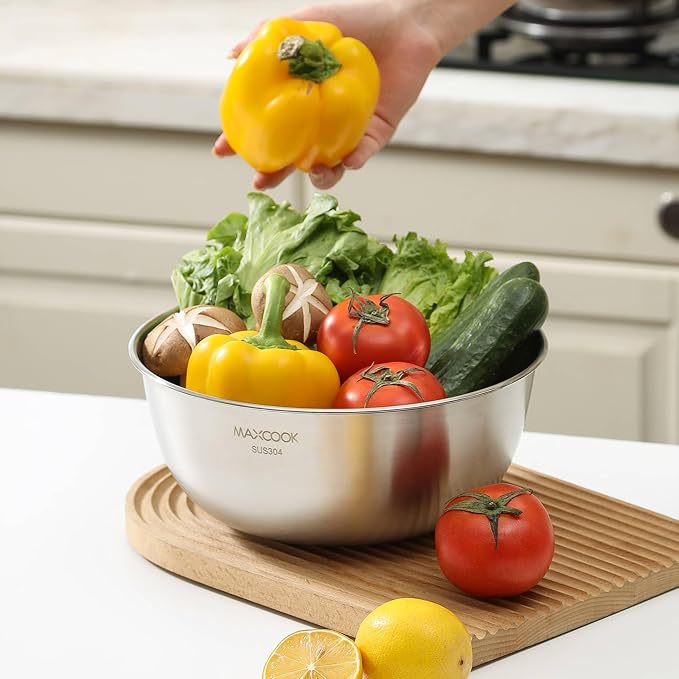 Stainless Steel Colander and Mixing Bowl Set (4.6 QT and 5.3 QT) | 2 pcs of 9.84 inch 18/8 Stainless Steel Colander & Mixing Bowl Set, Fine Mesh Strainer for Rice, Pasta & Veggies - Image 2