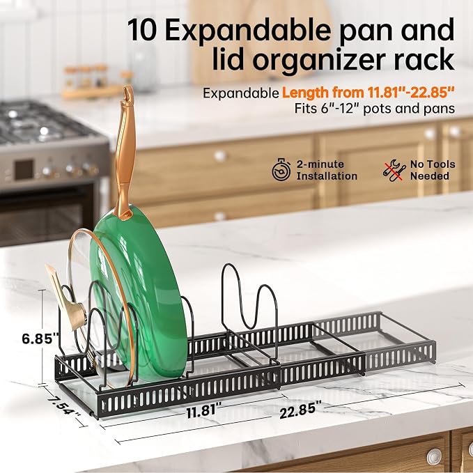 MUDEELA Expandable Pot Pan Lid Organizers inside Cabinet, 14 Divider-Black | Expandable 11.8–22.9", 14 Adjustable Divider, Tool-Free Assembly, Non-Slip, Scratch-Proof, For Pan Lid Cutting Board Bakeware - Image 2