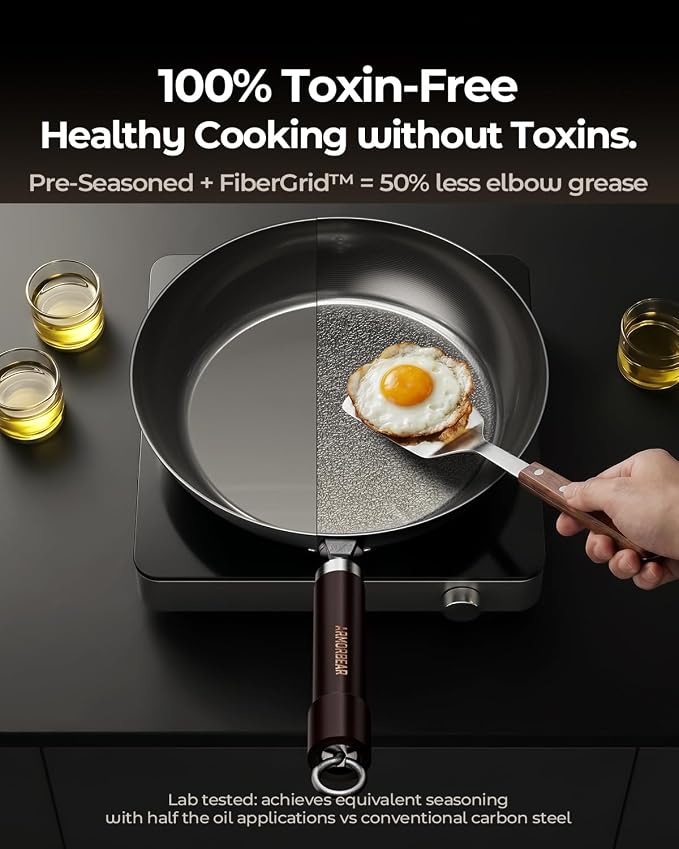 10 Inch Auto-Seasoning Nitrided Carbon Steel Pan, Professional Skillet for Induction Stovetop and Daily Searing, Pre-seasoned Frying Pan, Wooden Handle, PFAS & PFOA-Free - Image 5