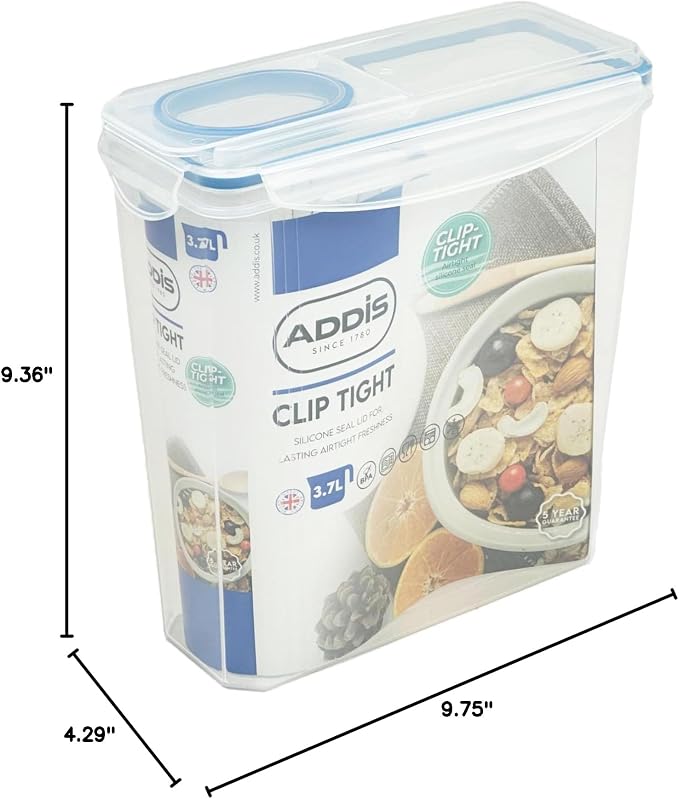 Addis Clip Tight Cereal Food Storage Container 3.7 Litre Tall Rectangle With Easy Pour Lid and Locking Clips, Airtight Bpa Free, Clear Transparent - Image 8