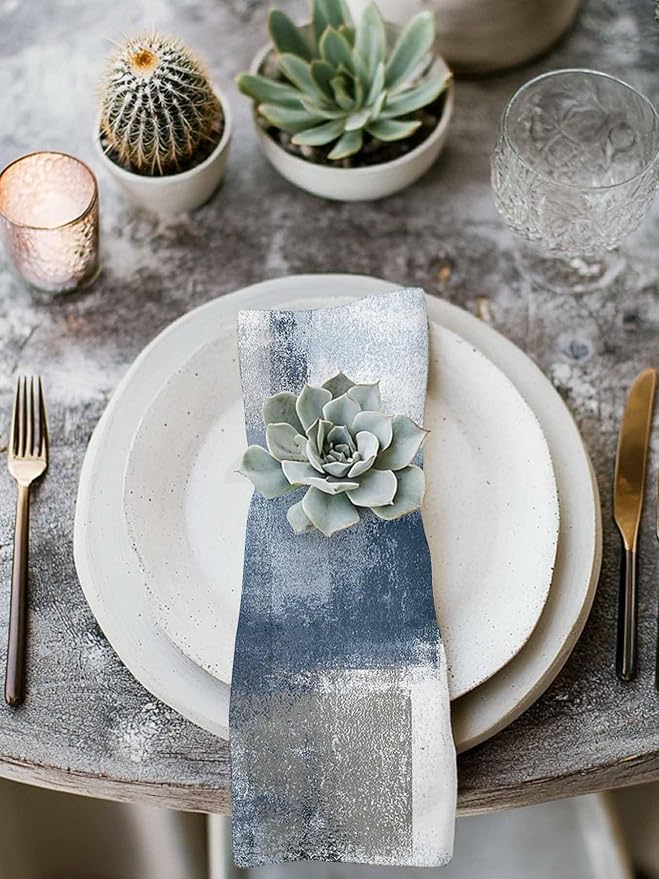 Blue Grey White Block Cloth Napkins Set of 8, Geometric Oil Painting Abstract Art Dinner Napkins Cloth Washable, Cocktail Napkins Reusable for Wedding, Party, Birthday (20"x20") - Image 3