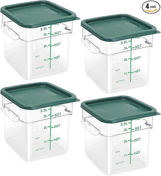 4 Pack Food Storage Containers with Green Lids, 4.0 Qt - Square, Clear, Polycarbonate, for Restaurant Commercial Kitchen and Home party by TSUBOR