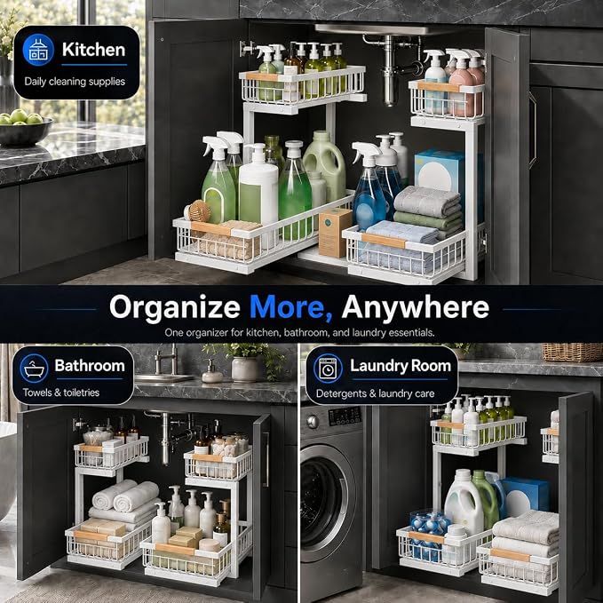 Under Sink Organizer 2 Pack, Double Slide Out Metal Shelf, White | Pull Out Kitchen Storage Cabinet Organizer, 2-Tier Under Sink Storage Rack for Bathroom Laundry Kitchen Storage with Drawer - Image 4