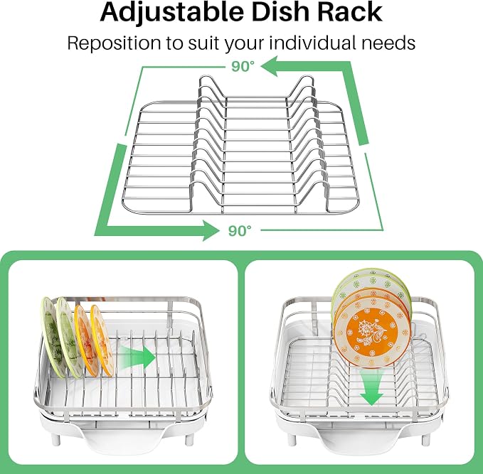SAYZH Expandable Dish Drying Rack for Small Kitchen Counter, White | Stainless Steel, Protective Guardrail, Angled Drainboard, Fits High-Rim Sinks, Removable Utensil Holder - Image 7