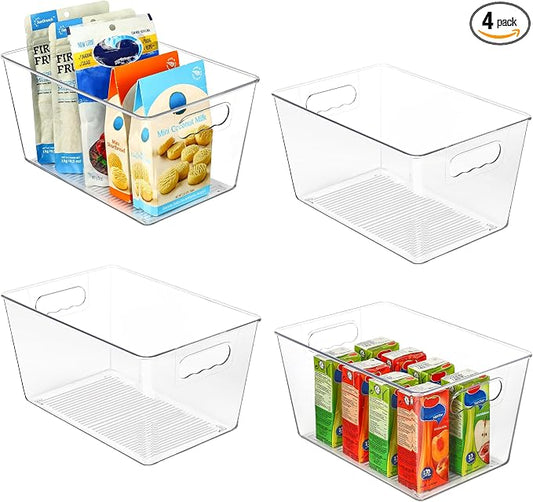 Vtopmart 4 Pack Clear Storage Bins, Pantry Storage Bins with Handle, Large | Plastic Pantry Organizer Containers for Kitchen, Refrigerator, Fridge, Cabinet, Countertops, Home Organization and Storage by Vtopmart