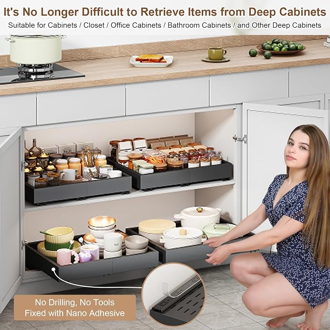 Fokyfok Pull out Cabinet Organizer,15"-21"W,17"-24"D,Expandable,Adhesive | No Drill,3 Rails,Roll out Drawers,Adjustable Slide out Shelves for Kitchen,Pantry,Framed and Framless Cabinets,Black,1PC - Image 4