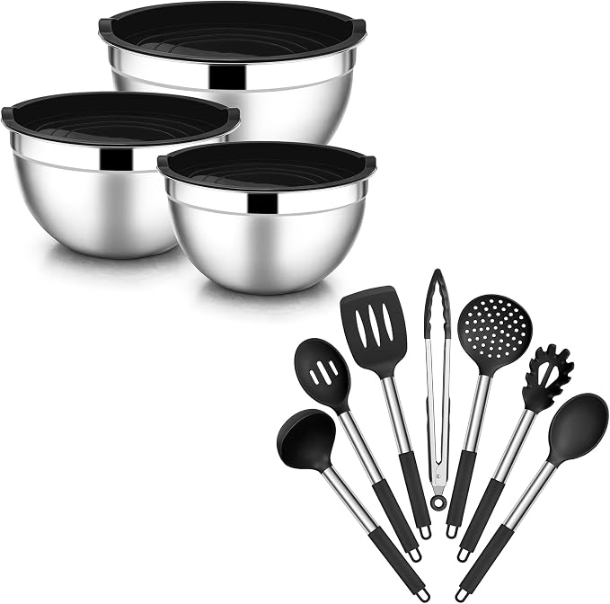 E-far Mixing Bowls with Lids Set of 3 with Silicone Cooking Utensils Set of 7, Nesting Bowls for Baking Cooking and Prepping, Heat Resistant Kitchen Utensils with Stainless Steel Handle by E-far
