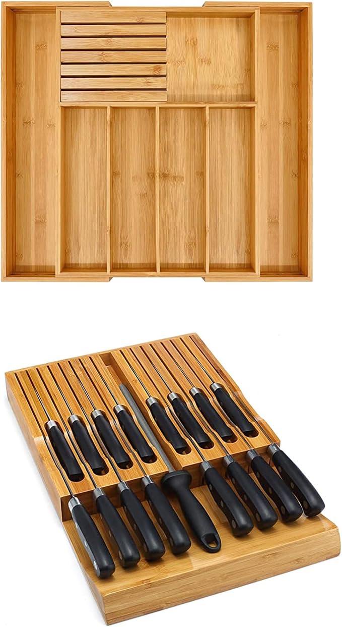 VaeFae Bamboo Silverware Drawer Organizer and Bamboo Knife Drawer Organizer Insert Bundle by VaeFaeDirect