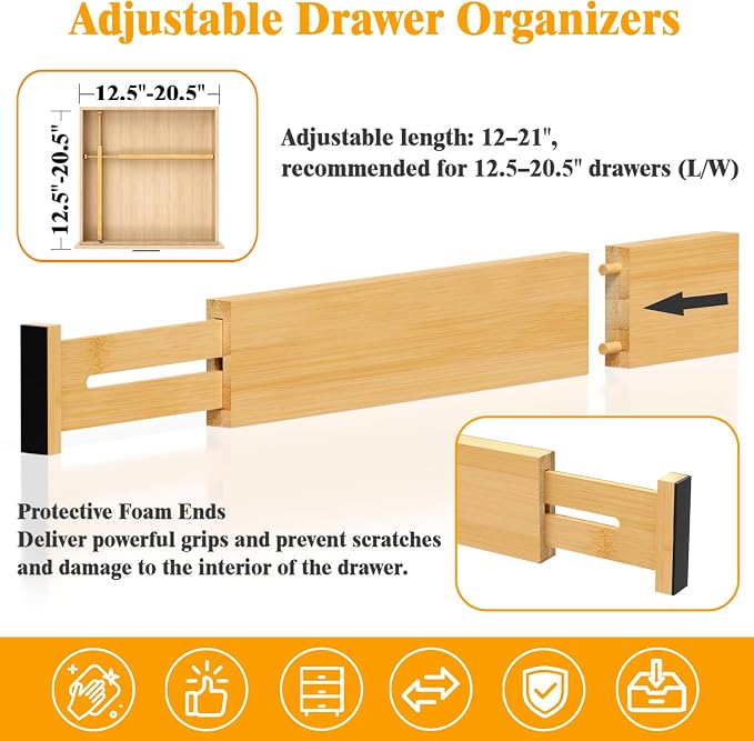 Bamboo Drawer Dividers, 12-21 Inch Kitchen Adjustable Drawer Organizers | Expandable Dresser Separators for Clothes, Ideal for Kitchen, Bathroom, Vanity, Office Organization and Storage, 4-Pack - Image 3