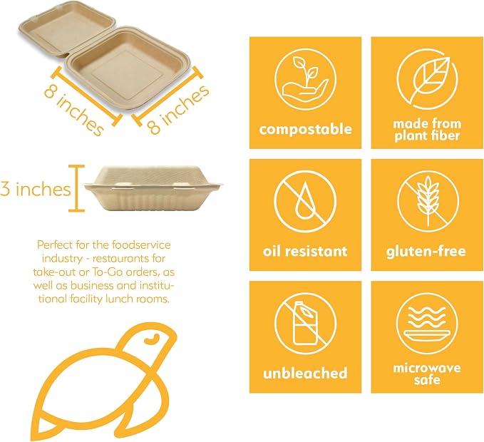 100% Compostable Disposable Food Containers with Lids [8”X8” 200 Pack] Eco-Friendly Take-Out TO-GO Containers, Heavy-Duty, Biodegradable, Unbleached by Earth's Natural Alternative - Image 2
