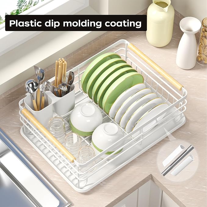 Dish Racks for Kitchen Counter: Wooden Handles, Thickened Metal, No Assembly. Small Dish Drying Rack: Ideal for Small Households. Drying Rack Kitchen: White - Image 3