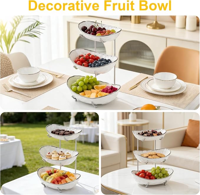 Fruit Bowl, 3-Tier Ceramic Fruit Bowl With Gold Metal Stand, Space Saving | Large Capacity, Decorative Design, Suitable For Kitchen, Dining Table, Party Display - Image 8