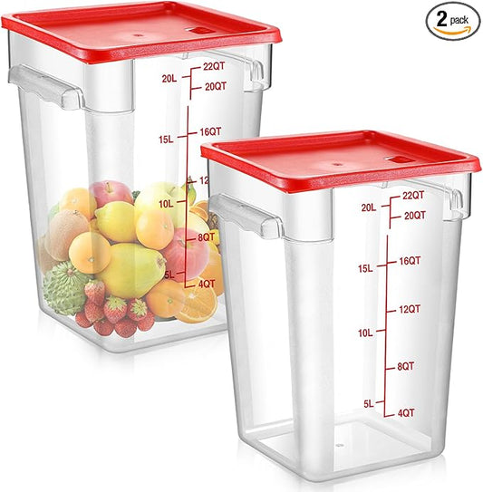 2 Pcs Square Food Storage Container Polycarbonate Clear Food Container with Lid Commercial Rice Storage with Graduations for Commercial Kitchen(22 Qt,Red) by Suclain