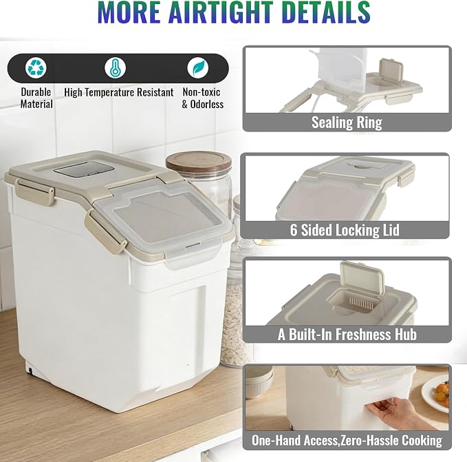 Rice Container 25 lbs Large Bulk Flour Sugar Storage Holdhouse Plastic Grain Cereal Dry Goods Bin with Spoon and Measuring Cup for Kitchen Pantry Organization - Grey - Image 3