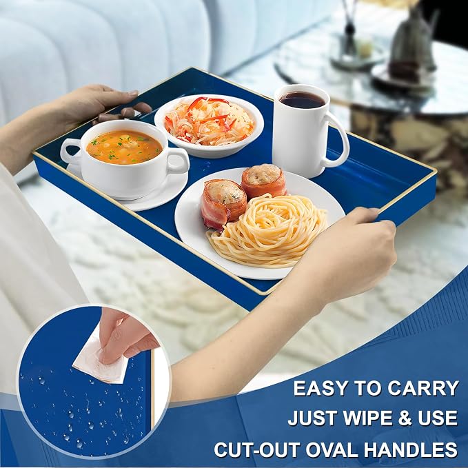 Navy Blue Serving Tray with Handles, Plastic Modern Decorative Tray | Rectangle Melamine Tray, Ottoman Tray, Coffee Table Tray, Countertop Organizer Tray for Living Room, 15.8"L x 10.2"W x 1.4"H - Image 2