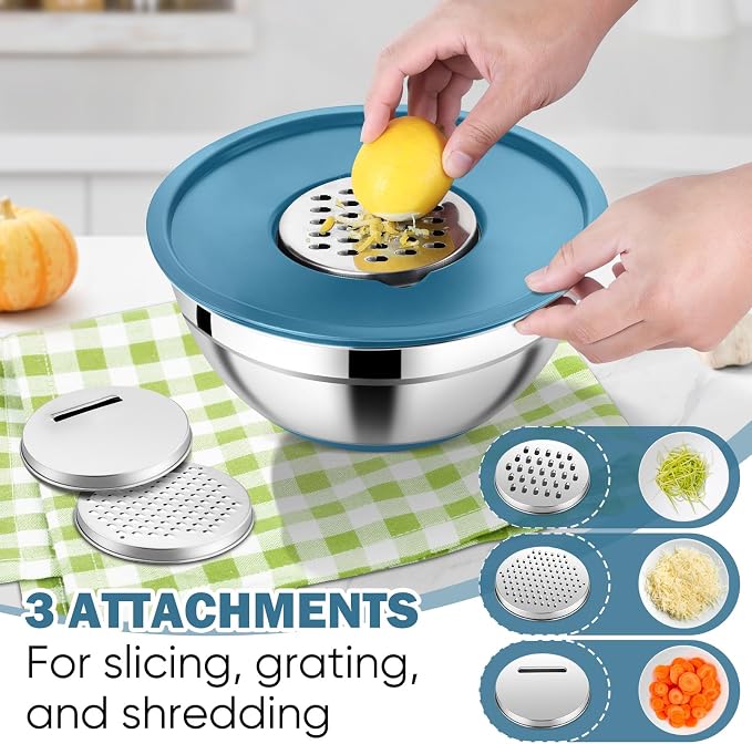 E-far 25PCS Mixing Bowls with Lid Set, Stainless Steel Nesting Prep Bowls with Grater Attachments Non-Slip Bottoms for Cooking, Baking, Serving, Food Storage, 4.6/2.6/2/1.5/1/0.7QT - Blue - Image 3