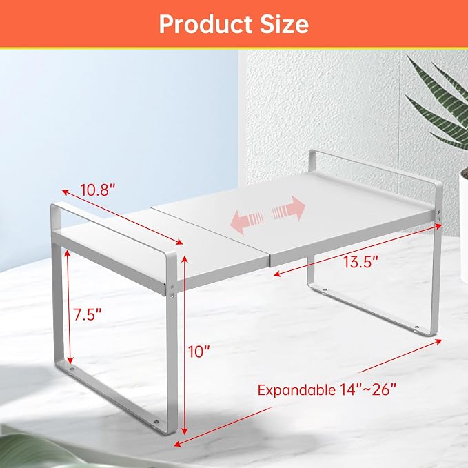 Expandable Cabinet Shelf Organizer for Kitchen 11", White (2 Pack) | Expandable 14-25" Metal Countertop Organizer for Kitchen, , Fits Pantry, Over Sink, Spices, Microwave & Dishes - Image 4