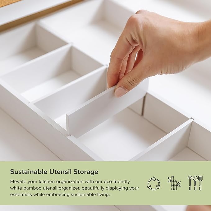 Utensil & Junk Drawer Organizer, 19-33 in, White Bamboo | Food-safe contract grade, 100% sustainable wood, non-slip, adjustable - Image 4