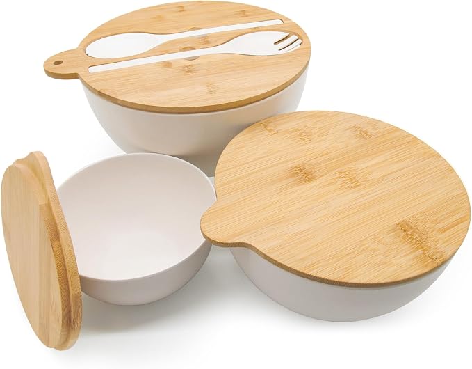 ECOWAY Salad Bowls Set of 3 with Seal Lid & Serving Utensils, Bamboo Fiber Mixing Bowls Set Large Serving Bowls & Storage Set with Bamboo Lid for Salad, Kitchen Eating, Pasta, Popcorn, Fruit, White - Image 6