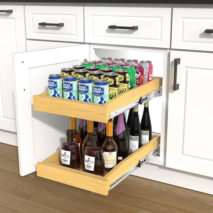 2 Tier Pull Out Cabinet Organizer, 11"W x 21"D Solid Wood Heavy-Duty Base Bottom Assembly Slide out Drawer Shel Cabinet Organization for Kitchen, Pantry, Bathroom - Image 7