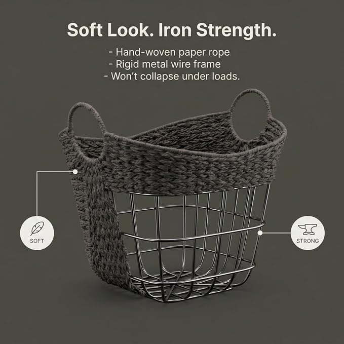 Household Essentials Handwoven Paper Rope Storage Basket with Metal Frame and Handles, Gray - Image 9