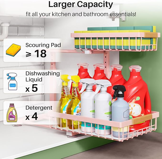 Kitstorack Under Sink Organizer, 2 Tier Under the Sink Storage, Slide out Pull out Cabinet Organizer Shelf, Metal Sliding Drawer for Kitchen Bathroom Pantry Closet Organization Rack, Pink, 2 Pack - Image 5