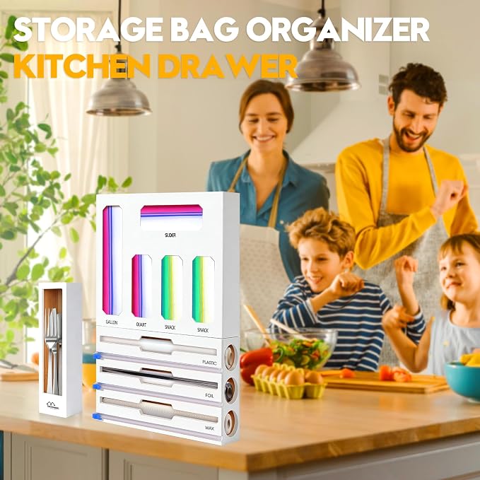 9 in 1 Foil and Plastic Wrap Dispenser with Cutter, White Bamboo Ziplock Bag Organizer for Drawer - Holds Gallon, Quart Bags & Aluminum Foil/Wax Paper, Wall Mountable Kitchen Storage - Image 7