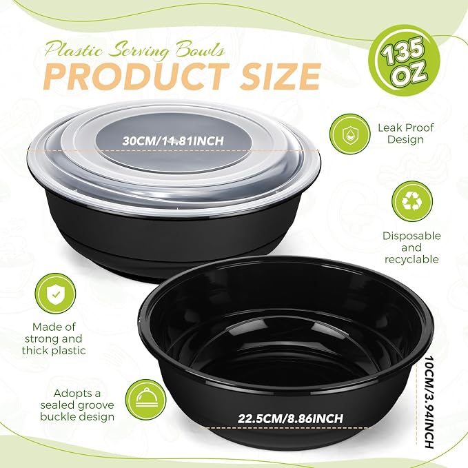 20 Pack 135 oz Large Plastic Serving Bowls with Lids Round Extra Large Disposable Salad Bowls Containers Chip Candy Dish for Salads and Snacks Party Picnic Buffet Eating(Black) - Image 2
