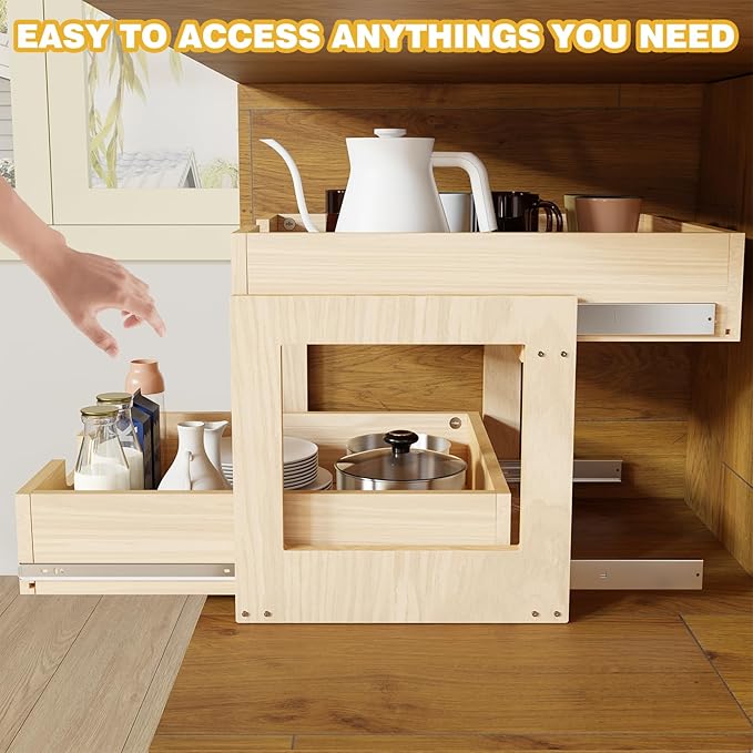 Pull Out Cabinet Organizer, 26''W×21''D×16''H Soft Close Slide Out Wooden Pull out Drawers, Double Tier Slide out Wood Cabinet Organizer, for Base Cabinet Organization in Kitchen, Pantry, Bathroom - Image 6