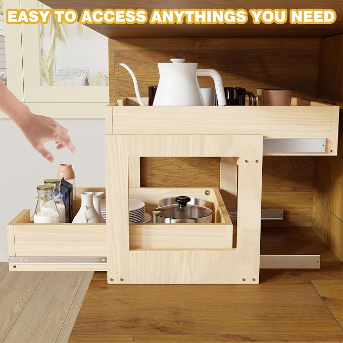 Pull Out Cabinet Organizer, 23''W×21''D×16''H Soft Close Slide Out Wooden Pull out Drawers, Double Tier Slide out Wood Cabinet Organizer, for Base Cabinet Organization in Kitchen, Pantry, Bathroom - Image 6