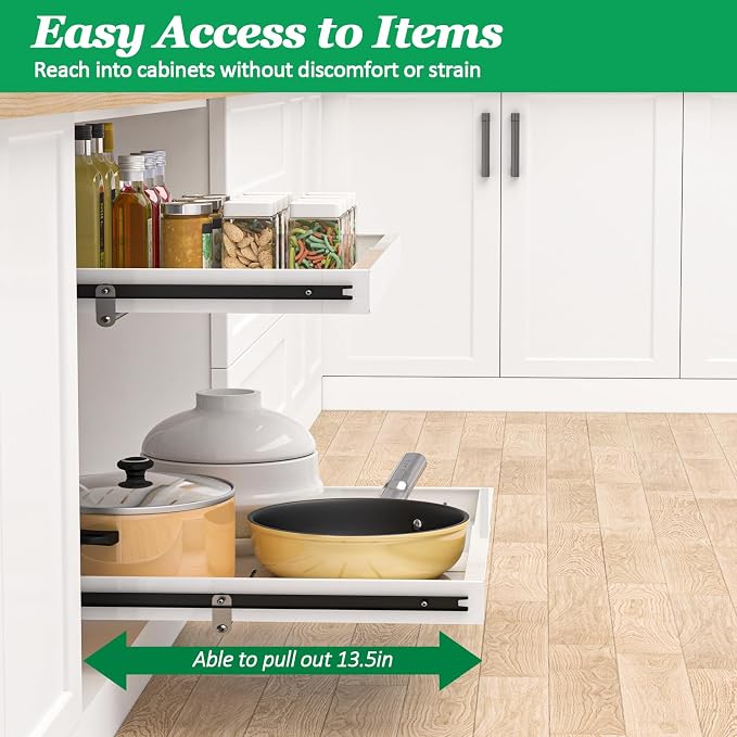 2 Tier Pull Out Cabinet Organizer, 21 inch Depth Slide Out Shelves | Expandable 14"-22.5" Wide, Heavy-Duty Cabinet Drawers for Kitchen Pots, Pans & Pantry Storage, White - Image 3