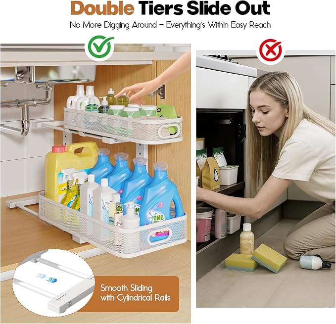 2 Pack 19.3IN-Depth Under Sink Organizer with Smooth Cylindrical Rail,2-Tier Pull Out Multi-Purpose Cabinet Storage for Bathroom&Kitchen,Height Adjustable,Rust-Resistant Coating-White - Image 3
