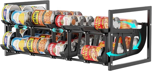 Can Organizer for Pantry - Auto-Rolling, Expands to Hold 60 Cans | Stackable For Walk-in Deep Pantry Shelve, Adjustable Width for Food Cans, Sturdy Metal Frame, Easy Access & Restocking, Black by iSPECLE