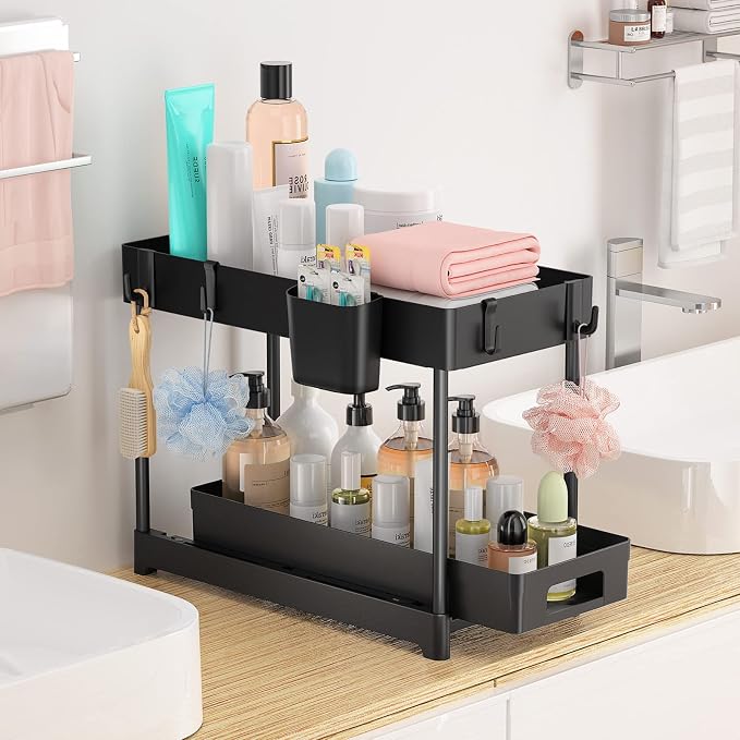 2 Pack Under Sink Organizer with Sliding Storage Drawer, 2 Tier Under Sink Organizers and Storage with 8 Hooks and 2 Hanging Cups, Multi-purpose Under Sink Storage for Kitchen Bathroom Cabinet, Black - Image 5