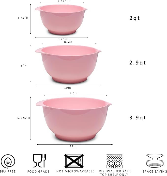 Nesting Melamine Mixing Bowl Set with Pour Spouts, Set of 3, Nesting Design Saves Space, Non-Slip, Size 2, 2.9 and 3.9qt, for Prepping, Mixing, Baking, Cooking, Pink - Image 6
