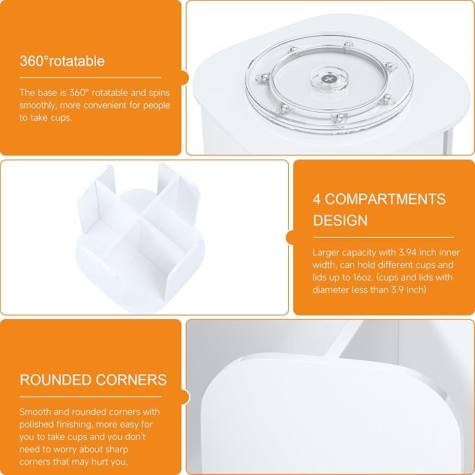Beego Rotatable 4-Compartment White Acrylic Cup Dispenser - Coffee Station Cup and Lid Carousel Countertop Plastic Cup Holder for Restaurant Breakroom Coffee Bar - Image 8