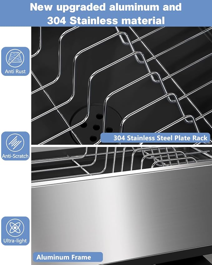 Dish Drying Rack, Thicker Premium Aluminum Frame and 304 Stainless Steel Plate Rack for Kitchen Counter, Automatic Drainage Spout, Dish Drainer & Drainboard Set with Utensil Holder, Black - Image 4