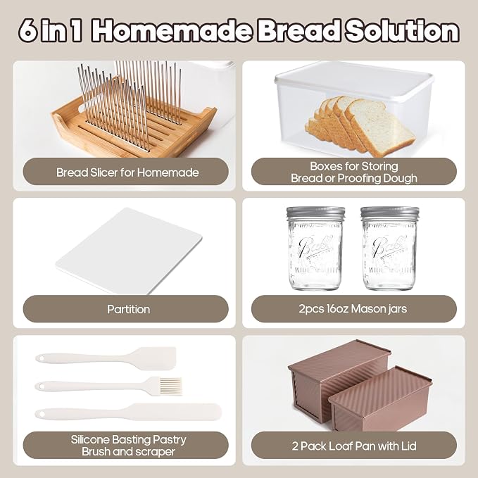 6 In 1 Homemade Bread Slicer With Bread Box For Homemade Bread，Adjustable 304 Stainless Steel Guide With Crumb Tray 2 Loaf Pan With Lid Mason Jars Basting Pastry Brush And Scraper Bread Loaf Slicer - Image 2