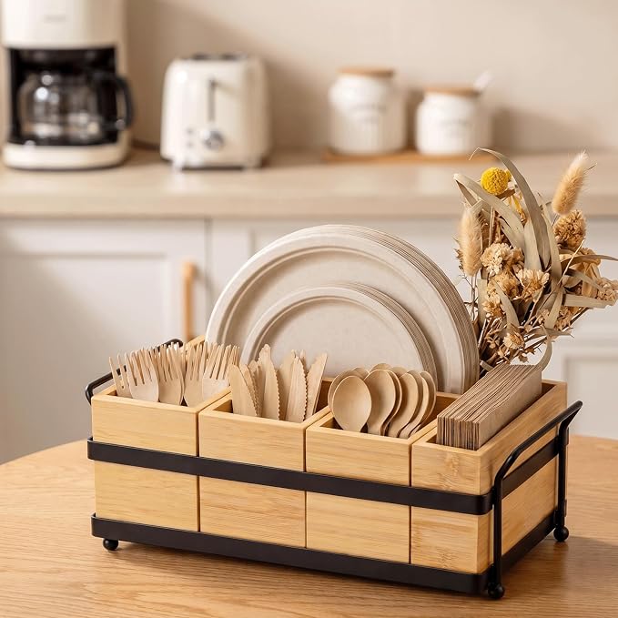 5-in-1 Bamboo Utensil Caddy and Paper Plate Organizer - Wooden Silverware Caddy with Napkin Holder and Portable Handle - Flatware Organizer for Kitchen Countertop, Camper RV, Buffet Party - Image 8