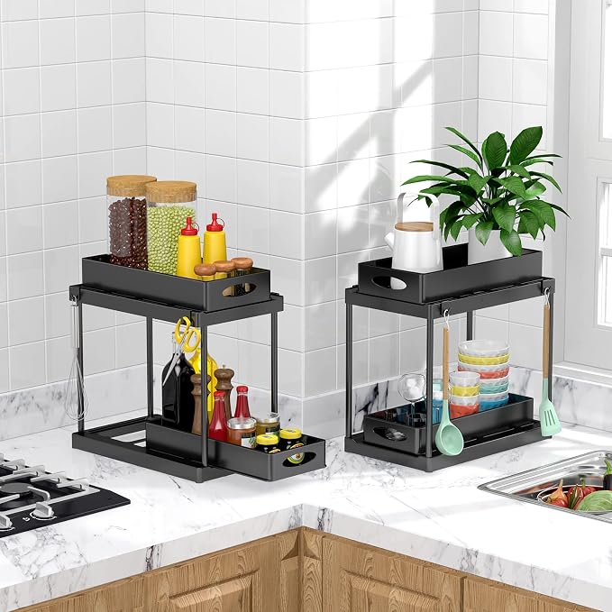 Under Sink Organizer and Storage, 2 Tier Under Sink Organizer with Sliding Pull Out Drawer for Kitchen Bathroom Cabinet Shelf Basket with 8 Hooks (2 Pack) - Image 3